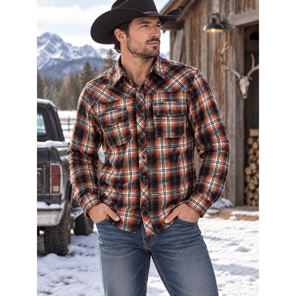 Carbon Mens Orange Black Plaid Flannel Button Down Shirt Small Classic Fit